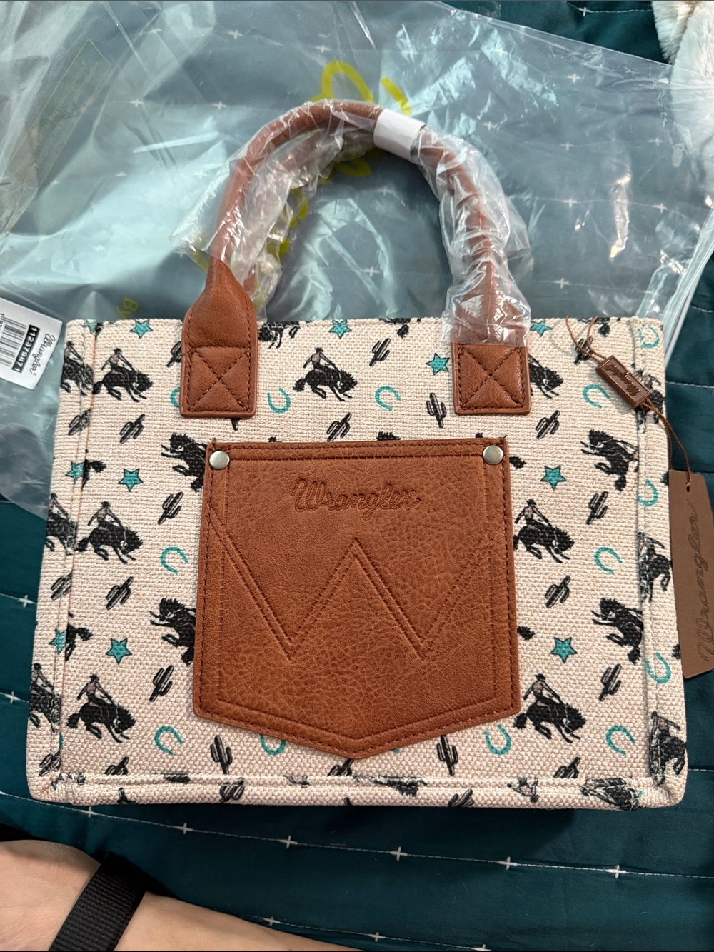 Wrangler Cream Canvas Tote with Brown Trim and Turquoise Accents - Picture 2 of 3